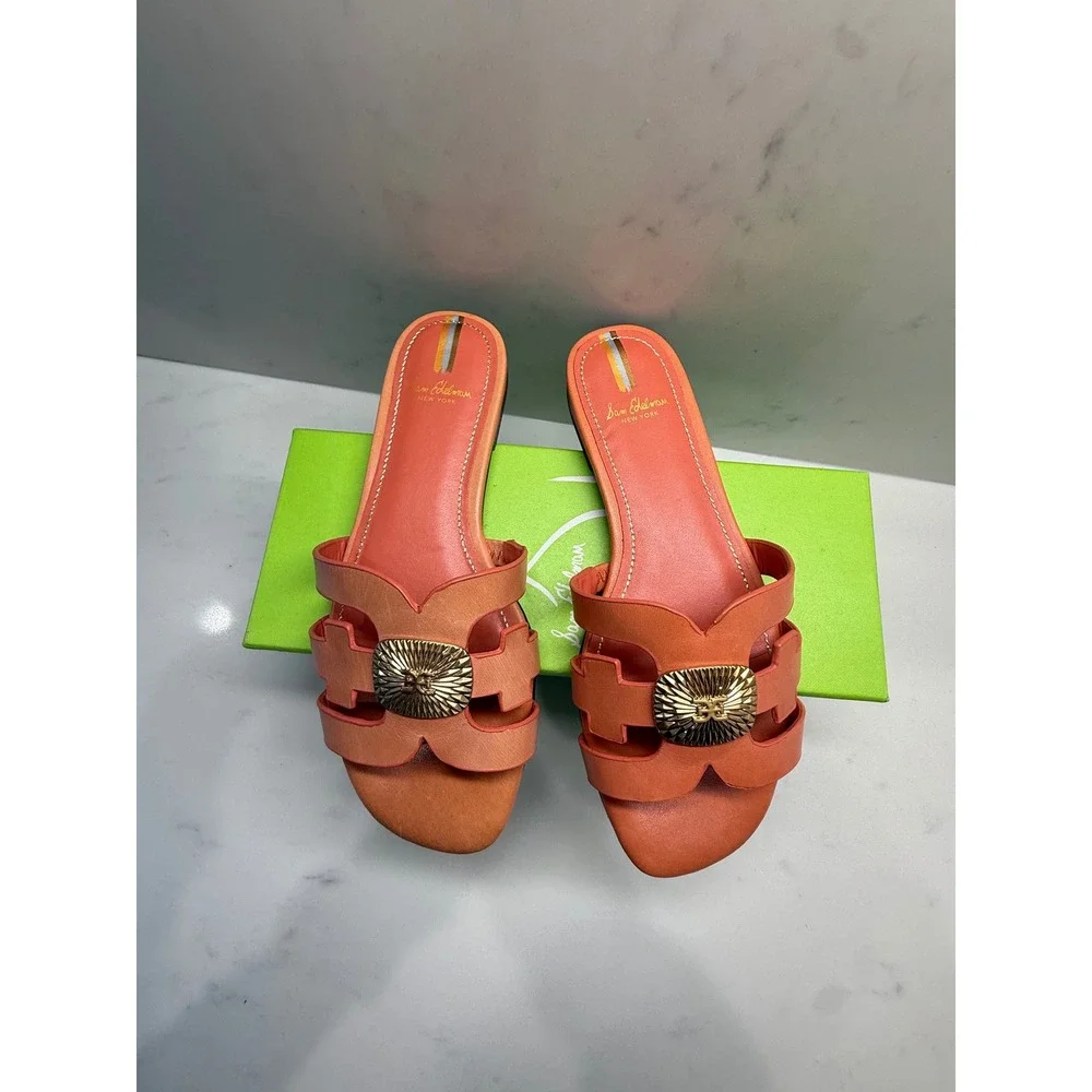 Sam Edelman Bay Pink Leather Slide Sandals Gold Medallion Flat 6.5M I5218L4650